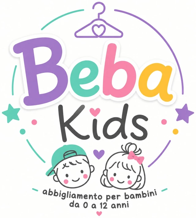 Il logo di Bebakids: due bambini disegnati e la scritta abbigliamento per bambini da 0 a 12 anni